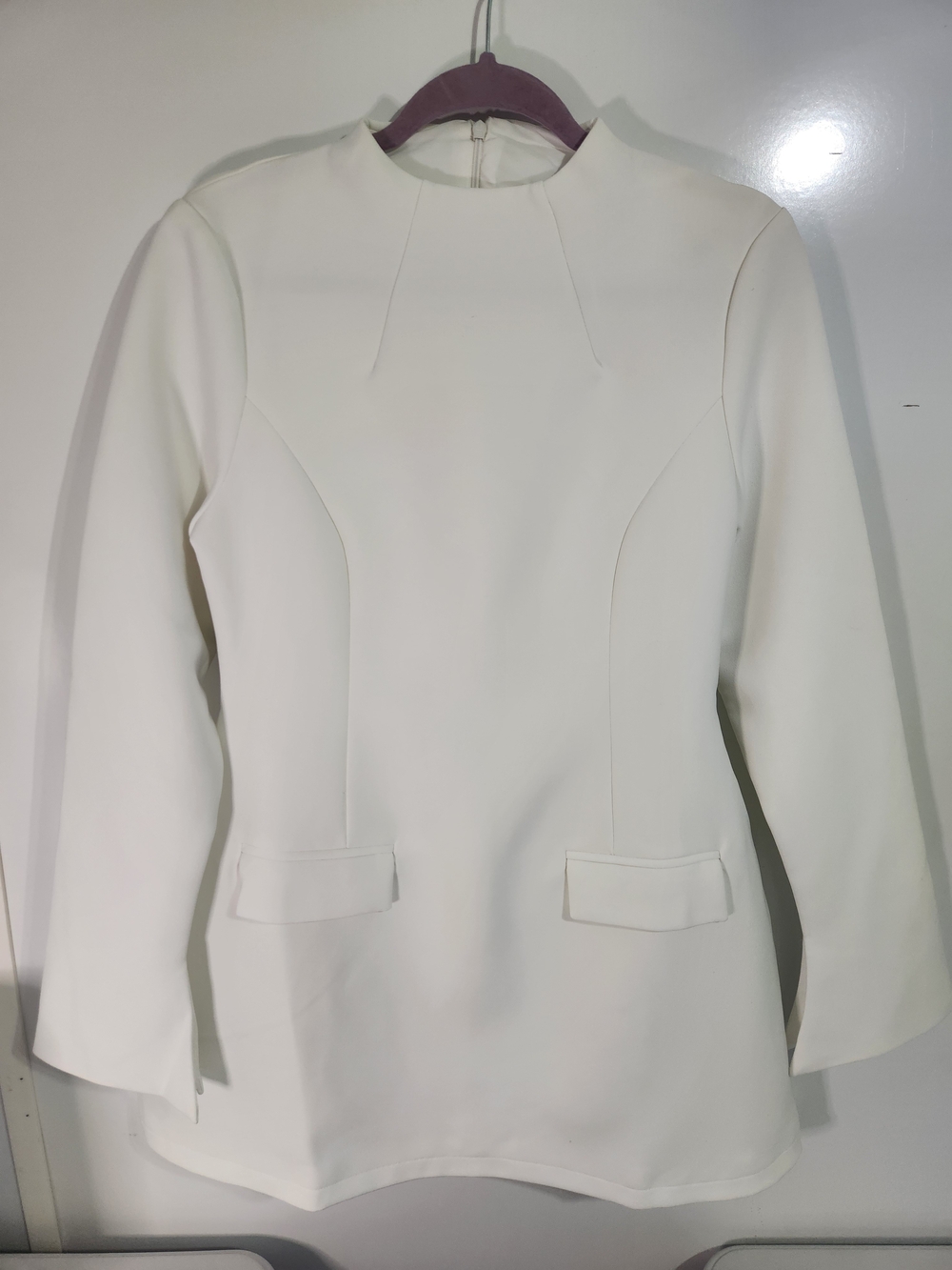 Oddmuse White Long-Sleeve Structured  Mini Dress, Size Large